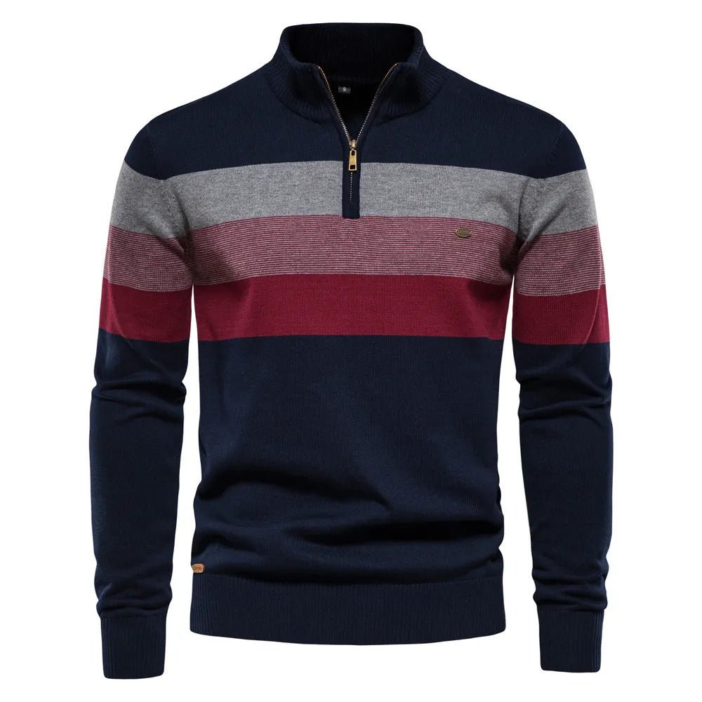 Comfortable men's striped half-zip sweater. Casual long sleeve knitwear, ideal for everyday fall and winter fashion.