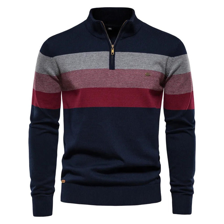 Comfortable men's striped half-zip sweater. Casual long sleeve knitwear, ideal for everyday fall and winter fashion.