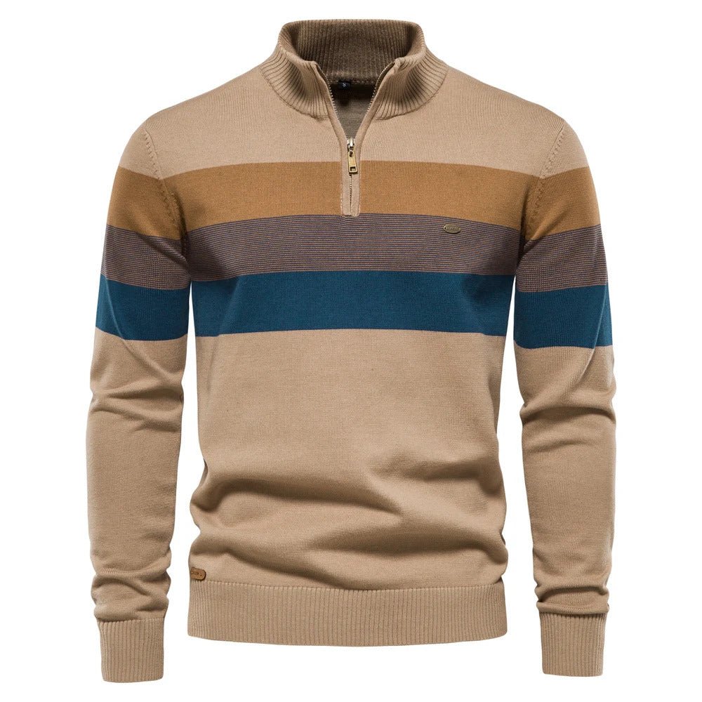 Men's striped half-zip knitwear sweater. A stylish and comfortable long-sleeve pullover for men's fall fashion.