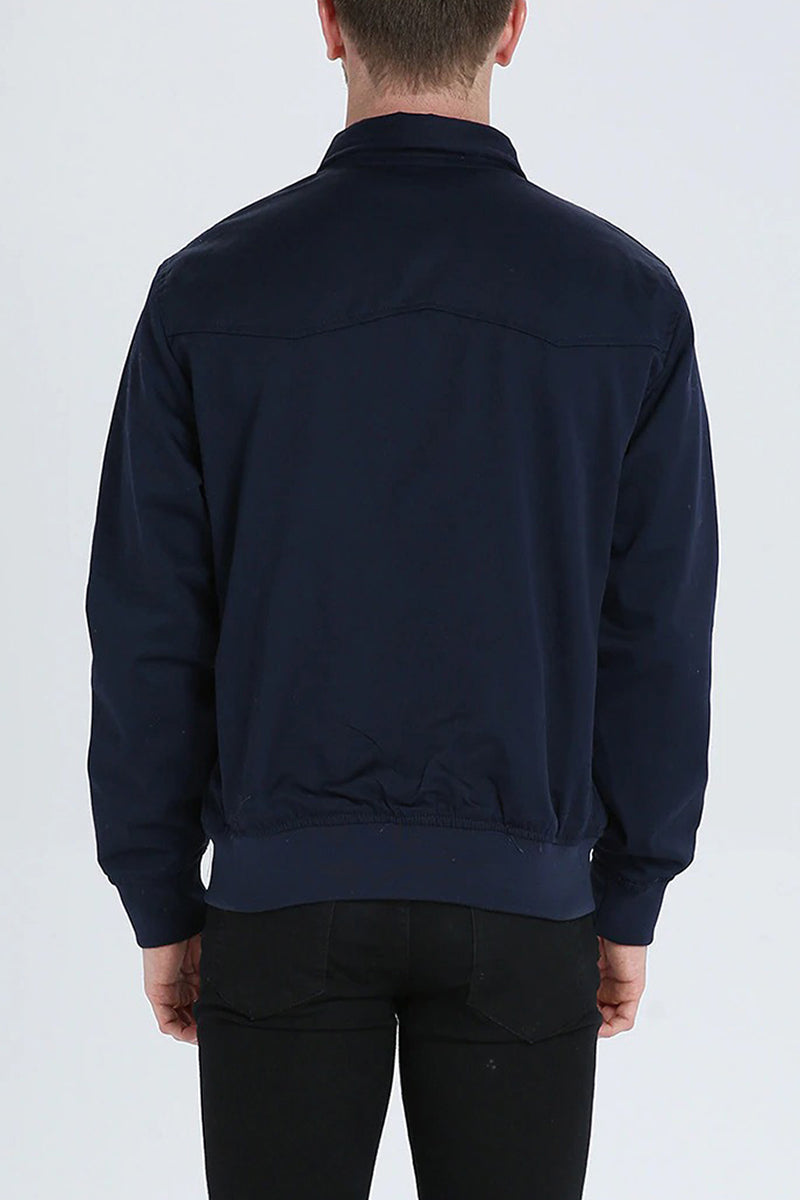 Stylish men's zip-up Harrington bomber jacket with stand collar for fall fashion.