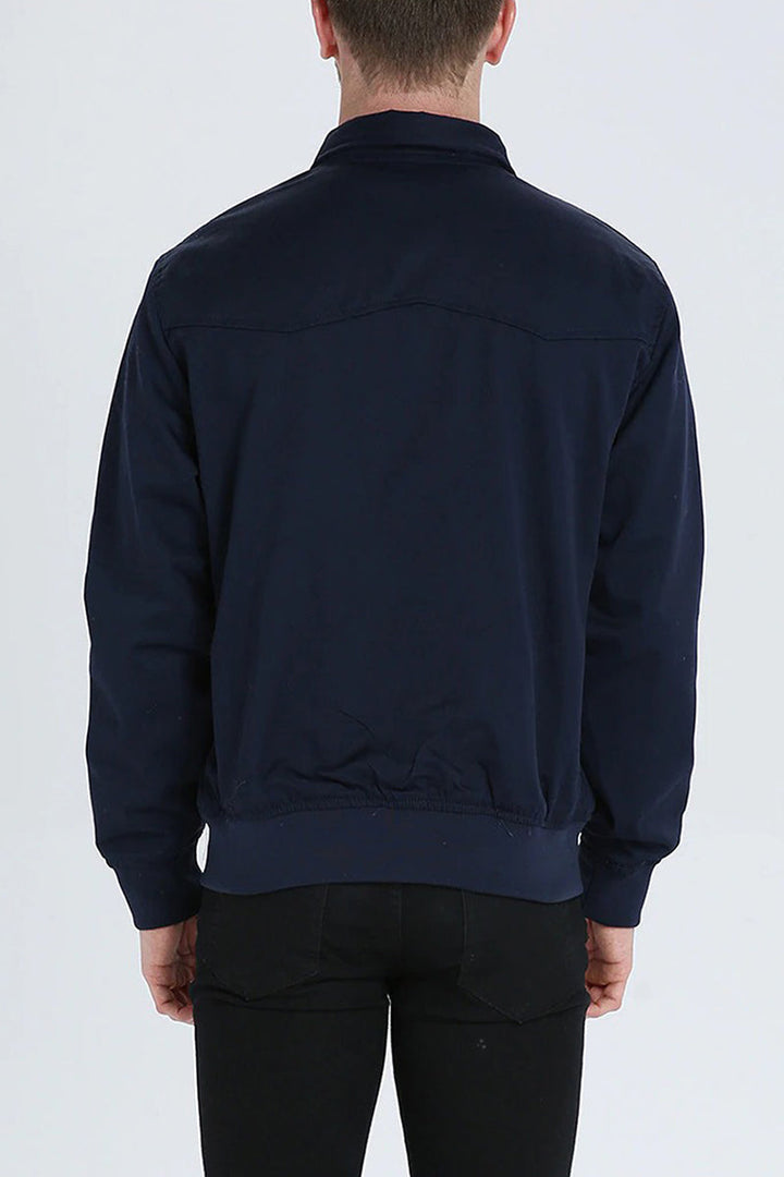 Stylish men's zip-up Harrington bomber jacket with stand collar for fall fashion.