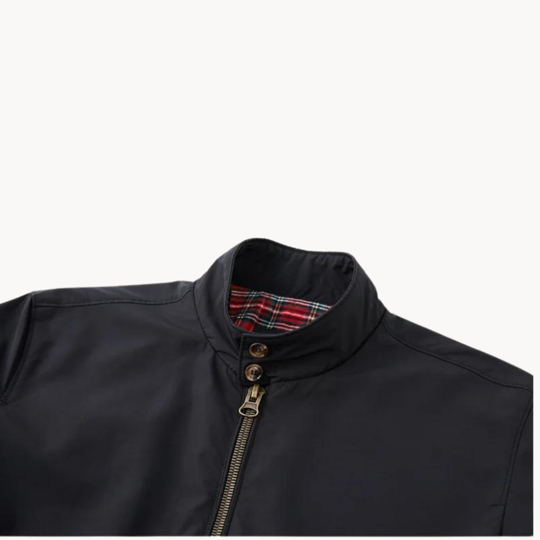 Quality men's classic Harrington jacket. Features include a full zip, ribbed hem, and distinctive tartan lining.
