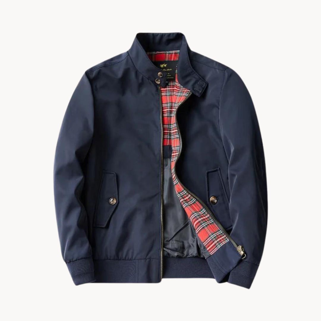 Men's Harrington jacket featuring a stylish tartan lining, ribbed cuffs, and high collar for smart casual wear.