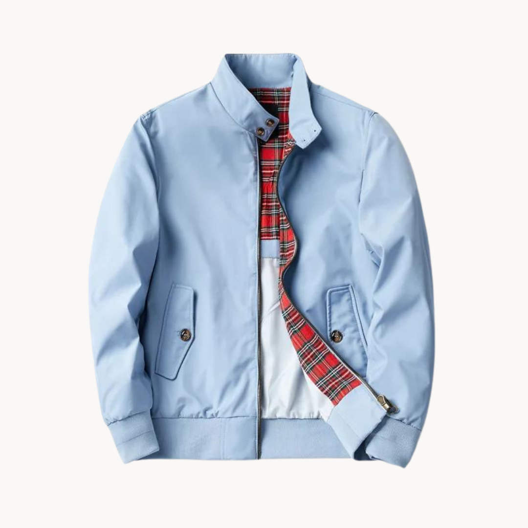 Mod-style men's Harrington jacket, classic outerwear with distinctive tartan lining for a fashionable statement.