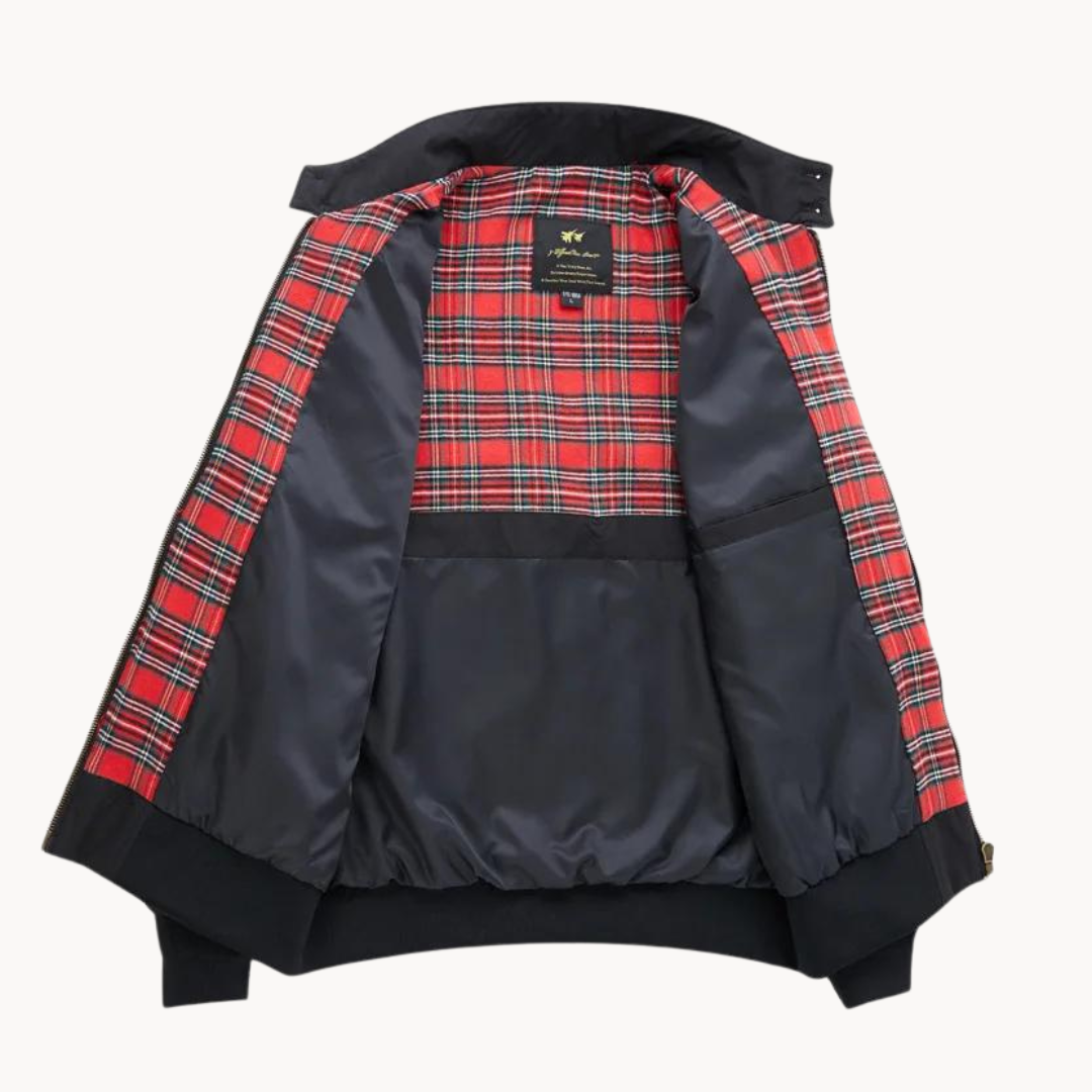 Back view of men's Harrington jacket, highlighting classic cut & hidden tartan lining for stylish comfort.