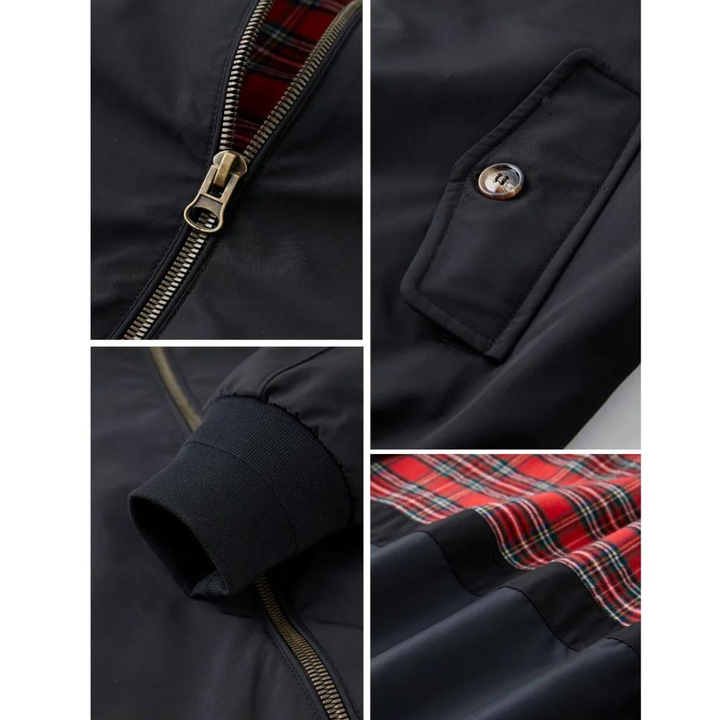 Men's smart casual Harrington jacket with elasticated waist, front zip, and iconic tartan lining.