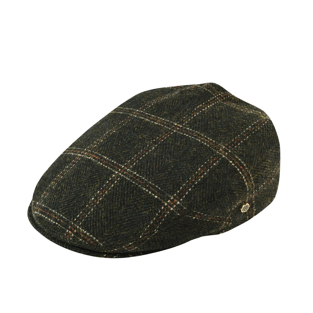 Side view of a sophisticated men's herringbone flat cap, showcasing its classic shape.