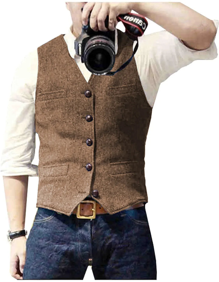 Elegant men's herringbone waistcoat in a classic style, perfect for business attire or a wedding guest.