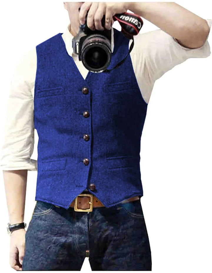 Detailed view of a men's classic herringbone waistcoat, emphasizing its elegant texture and tailored fit.