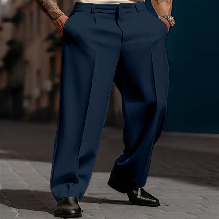 Front view of men's high-waisted wide leg suit trousers, showcasing clean lines, a classic silhouette, and elegant comfort.