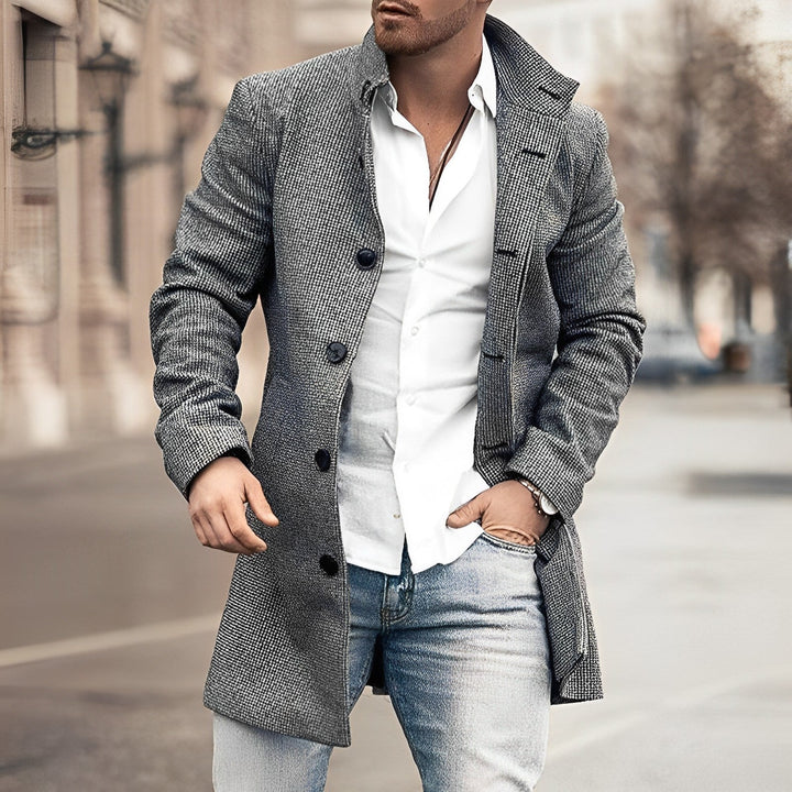 Men's classic houndstooth checkered long winter coat. Elegant outerwear for formal or casual cold weather style.