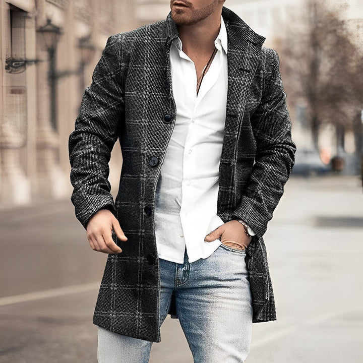 Stylish men's houndstooth long coat, perfect for classic winter fashion & versatile cold weather elegant outerwear.