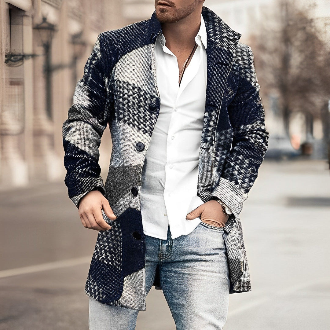 Men's elegant houndstooth checkered long coat. A stylish winter jacket for classic formal and casual fashion.