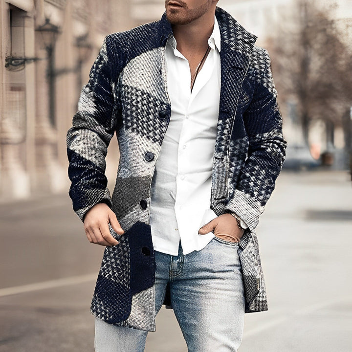 Men's elegant houndstooth checkered long coat. A stylish winter jacket for classic formal and casual fashion.