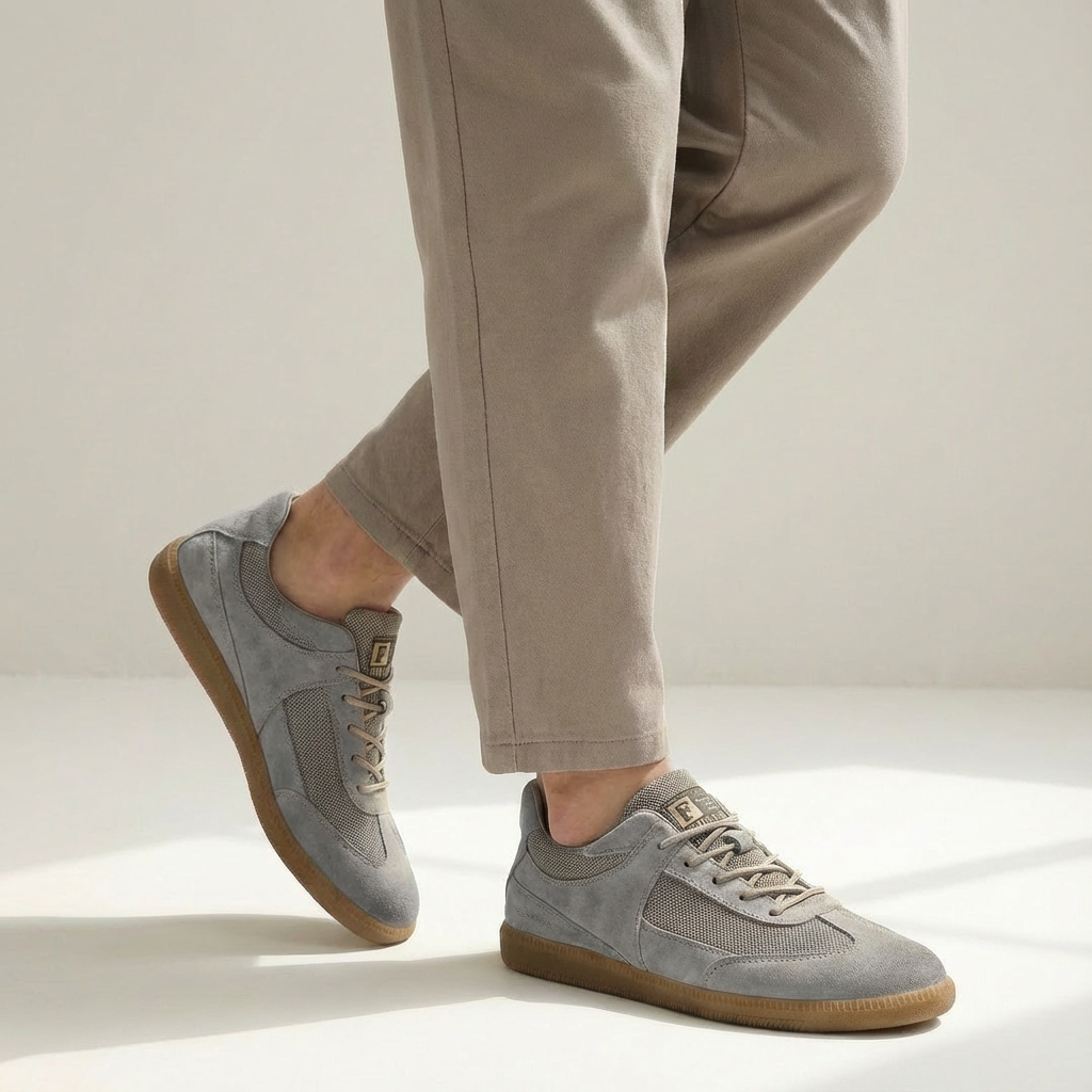 Men's classic Italian leather trainers in beige with contrasting gray mesh panels and a durable gum sole.