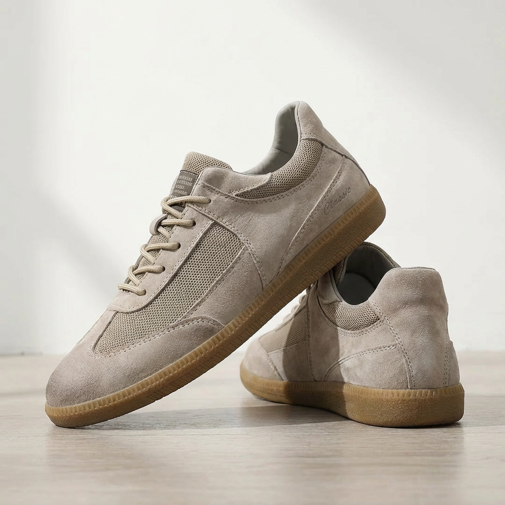 Stylish gray and beige casual footwear for men, featuring Italian leather and a classic low-top design.