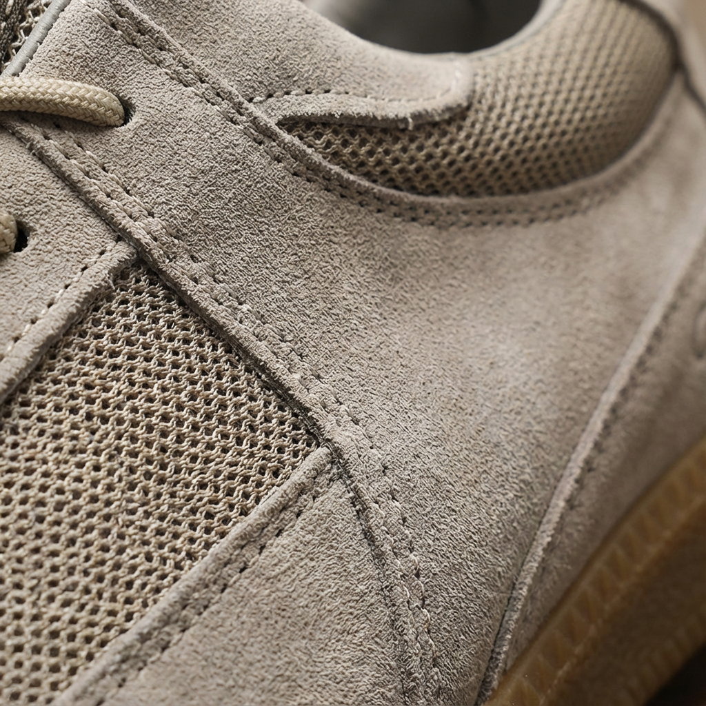 View of the side profile of men's Italian leather sneakers, showcasing the low-top silhouette and timeless gum sole.