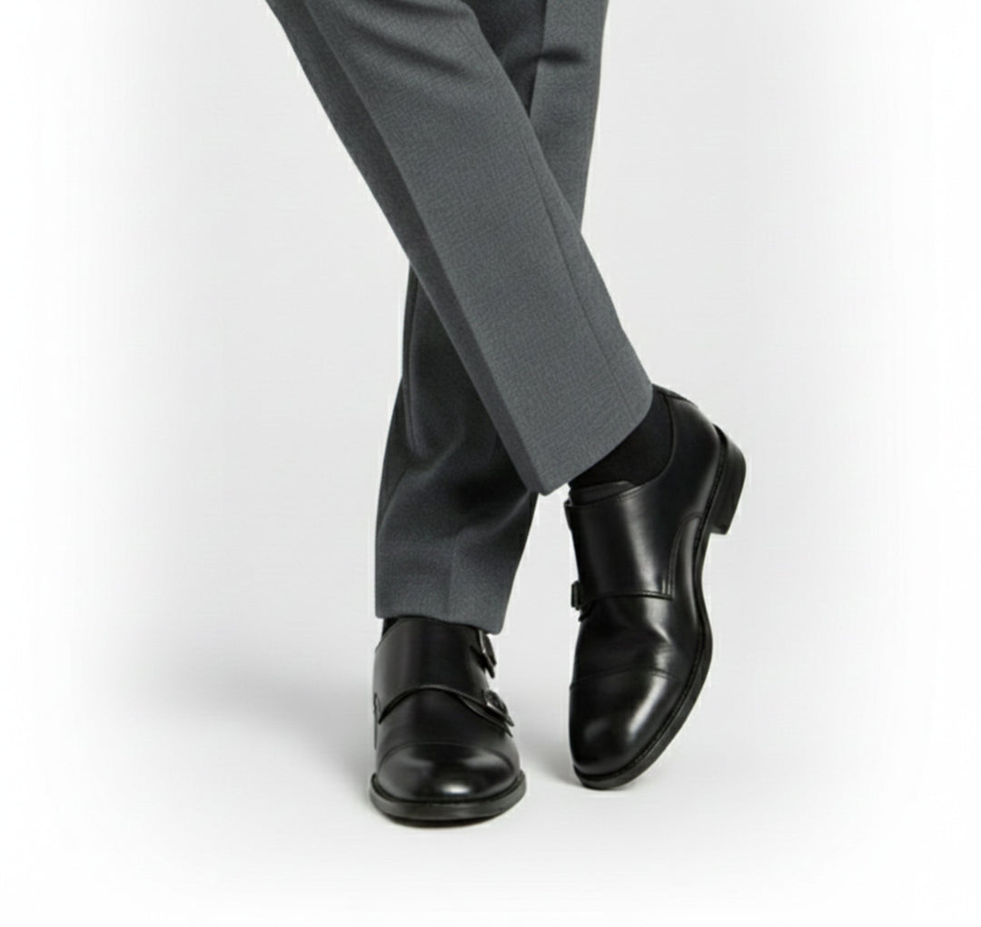 Premium men's leather loafers, Italian style. Milano silhouette, elegant business casual slip-on footwear.