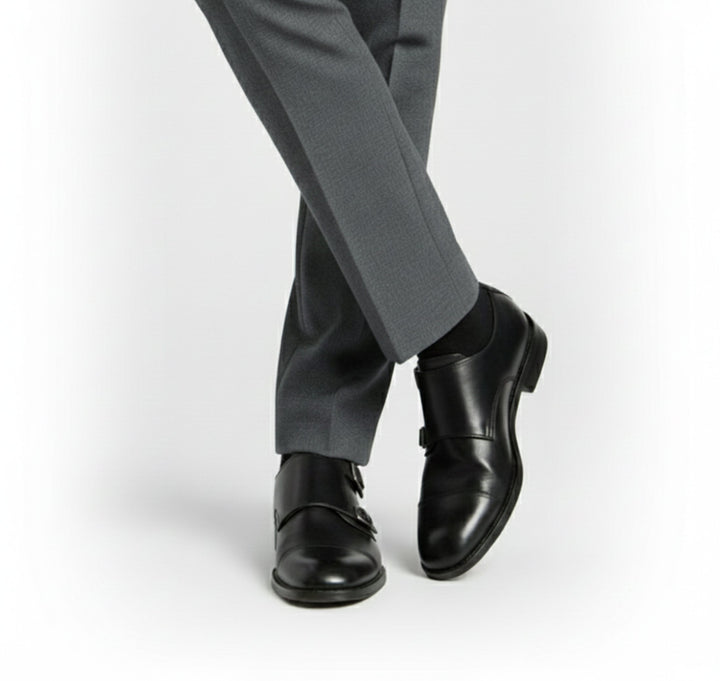 Premium men's leather loafers, Italian style. Milano silhouette, elegant business casual slip-on footwear.