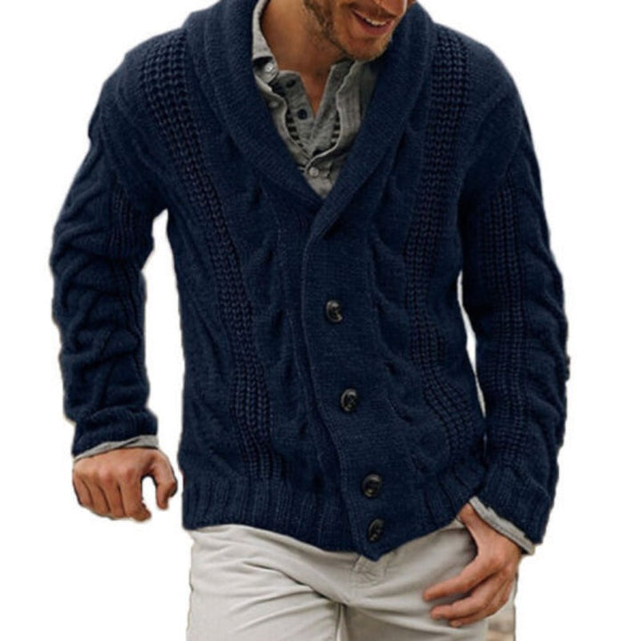 Men's classic knitted button-up cardigan in warm, comfortable fabric. Ideal layering knitwear for everyday wear.