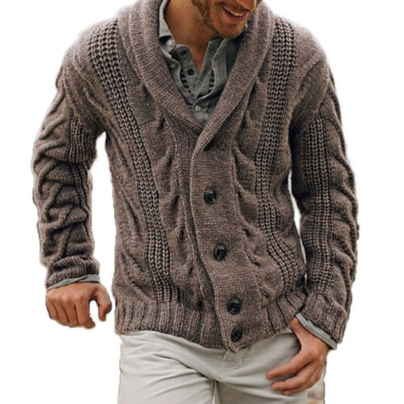 Comfortable men's long sleeve knitted cardigan. Warm button-up layering knitwear with classic style for men.