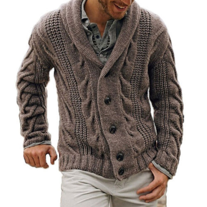 Comfortable men's long sleeve knitted cardigan. Warm button-up layering knitwear with classic style for men.