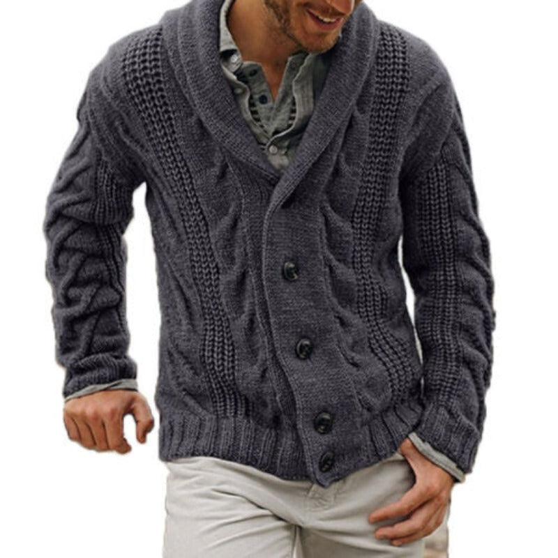 Warm knitted men's cardigan, a classic button-up sweater. Comfortable long sleeve layering knitwear for men's fashion.