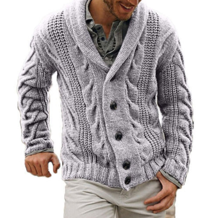 Casual men's knitted button-up cardigan. Comfortable long sleeve sweater, warm layering knitwear for everyday style.