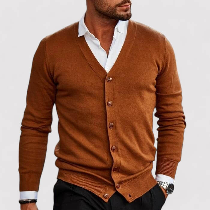 Comfortable men's knitwear cardigan sweater, showcasing elegant ribbed texture & cozy fall fashion.