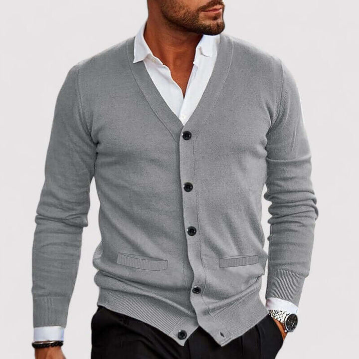 Elegant men's knit cardigan for sophisticated layering. A comfortable classic sweater for any occasion.