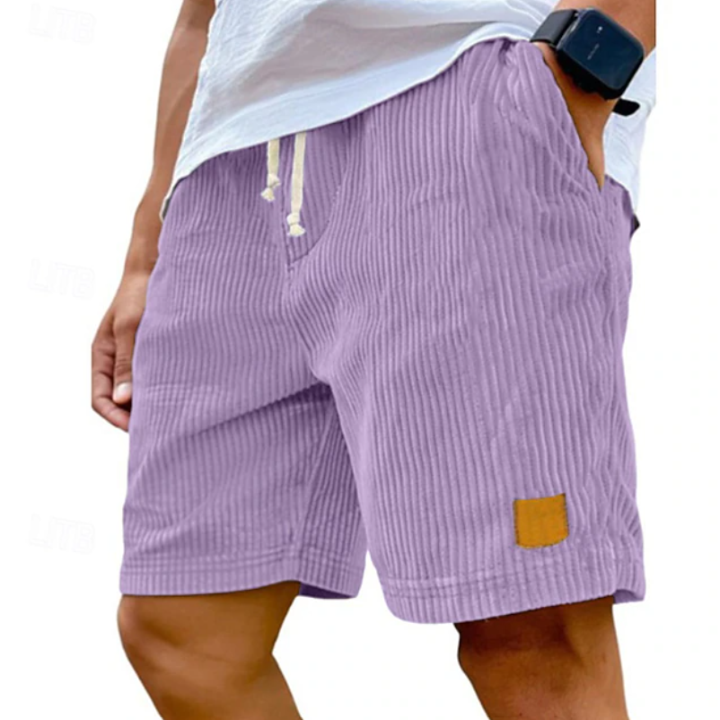 Close-up of men's corduroy lace-up shorts, highlighting the fabric texture and stylish detail.