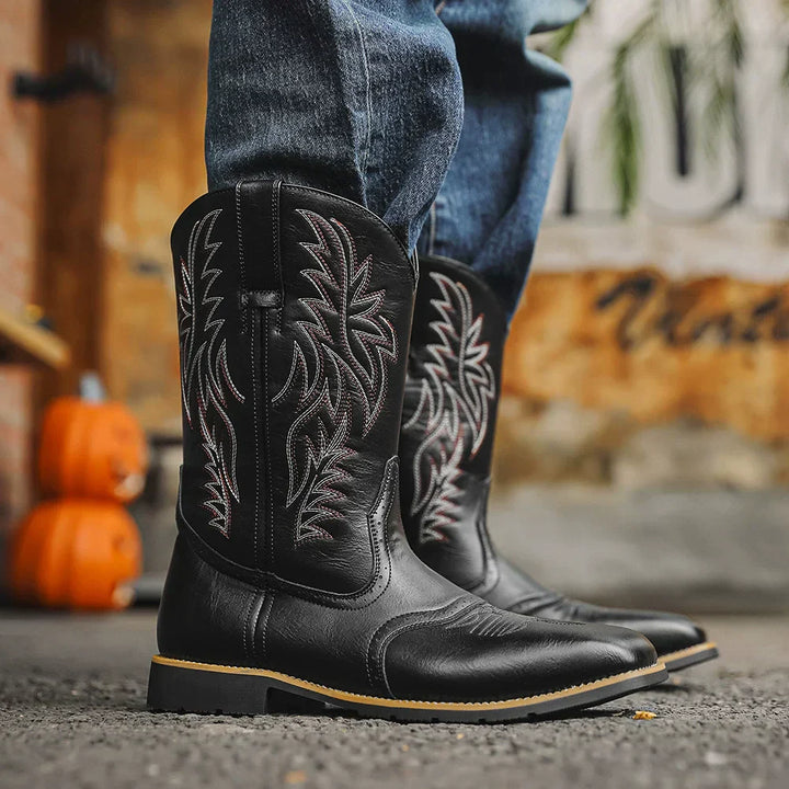 Men's classic leather cowboy boots with intricate western embroidery