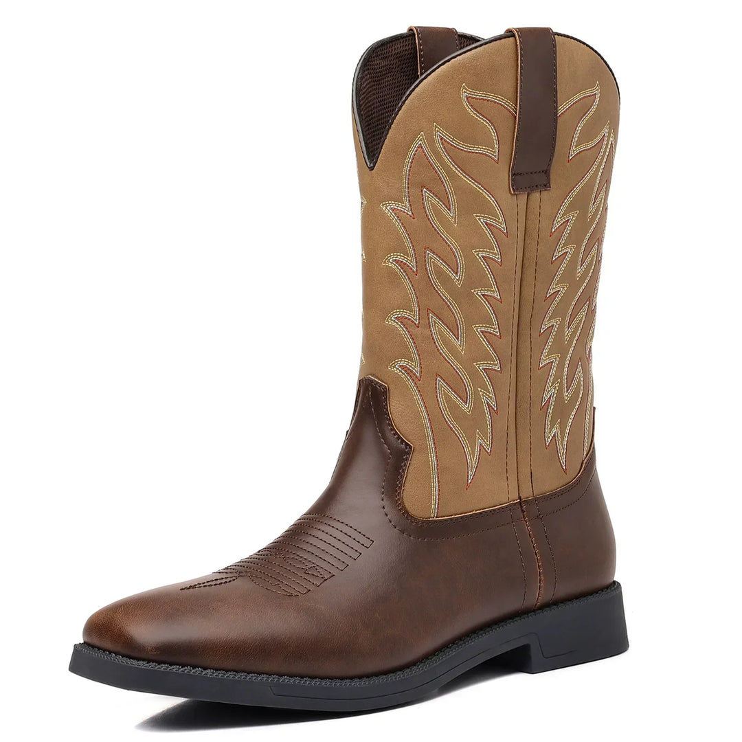 Stylish mid-calf leather boots for men with traditional western design
