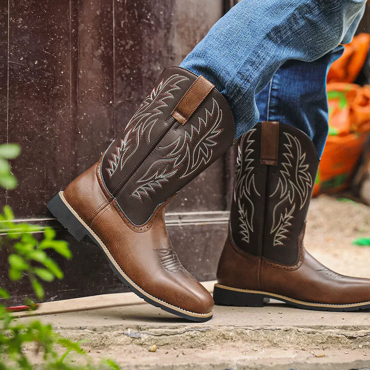 Men's fashion footwear: classic leather cowboy boots with embroidery