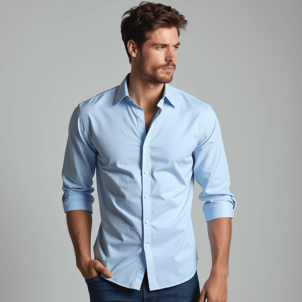 Men's classic light blue long sleeve button-down dress shirt for formal or casual menswear style.