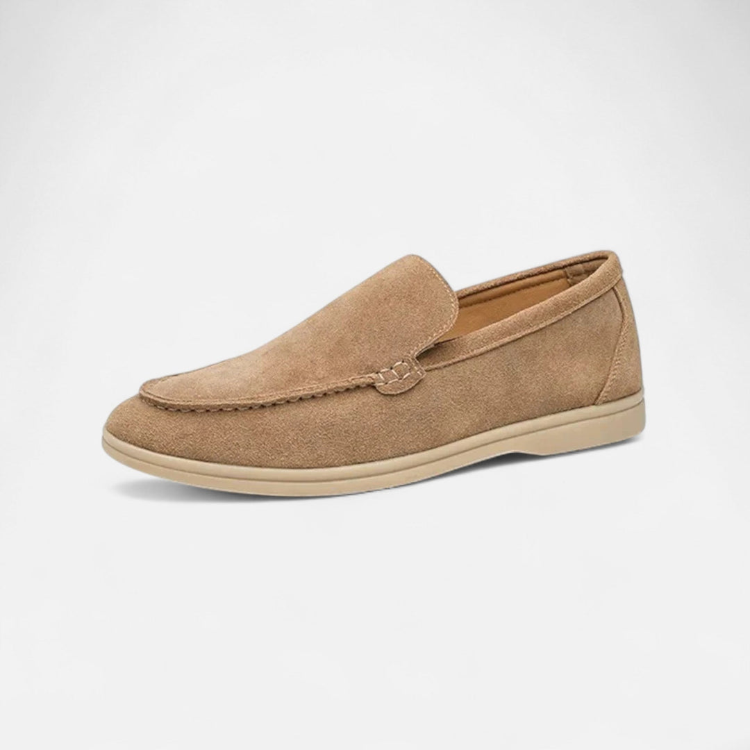 Men's classic light brown slip-on loafers, perfect for smart casual or formal dress. Comfortable and elegant.