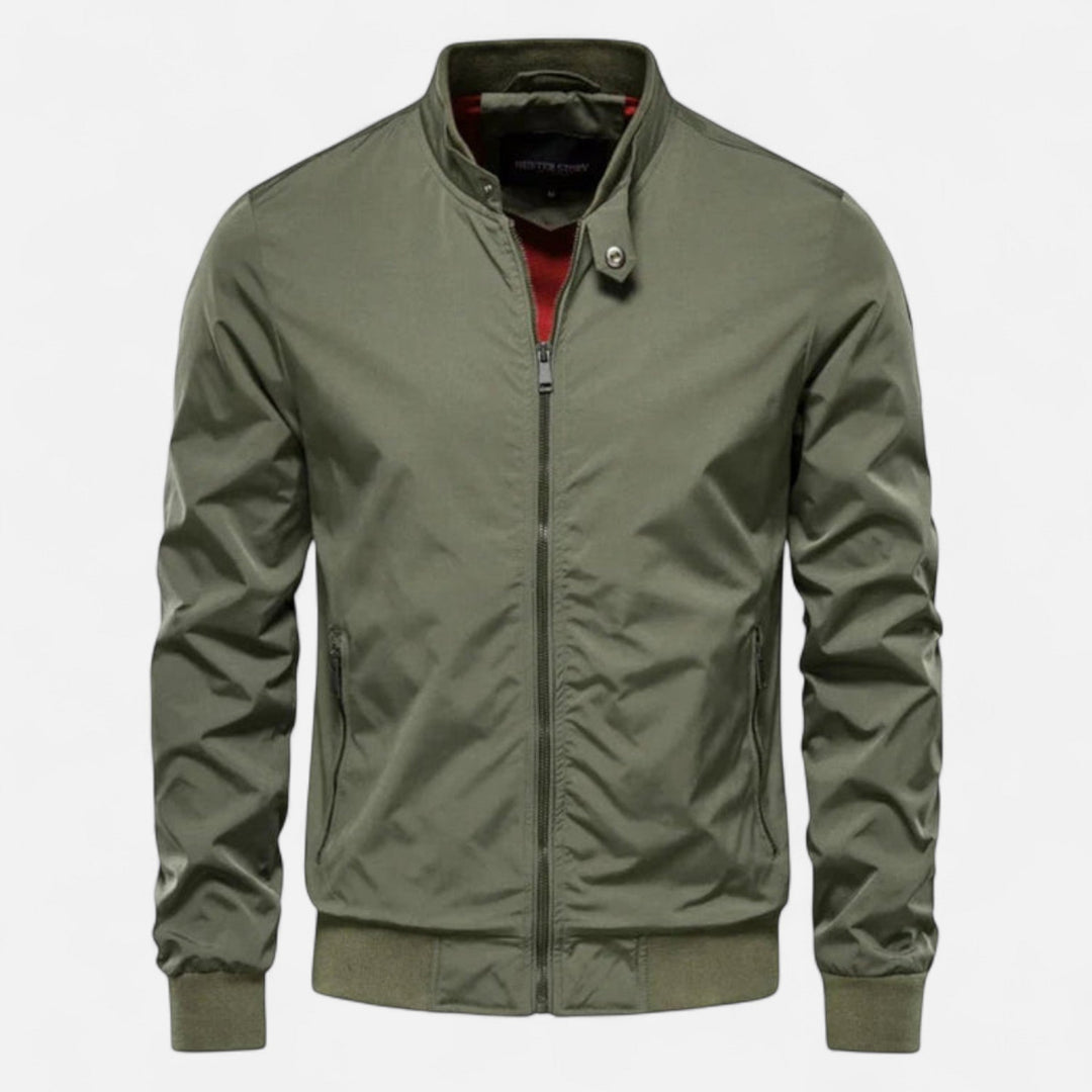 Modern men's bomber jacket featuring a ribbed collar & cuffs. Ideal for layering, offering a comfortable, casual look.