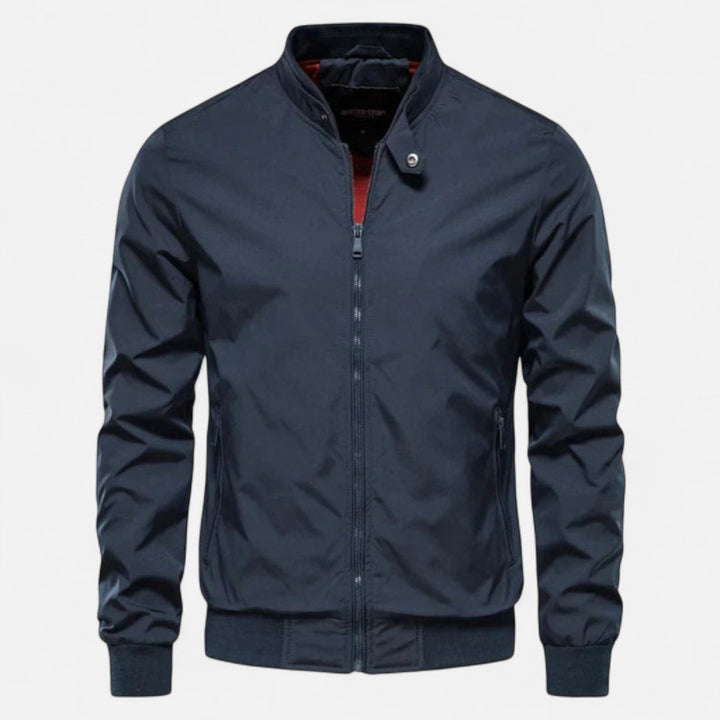Stylish men's transitional bomber jacket with ribbed design. A versatile piece for smart casual ensembles & outdoor activities.