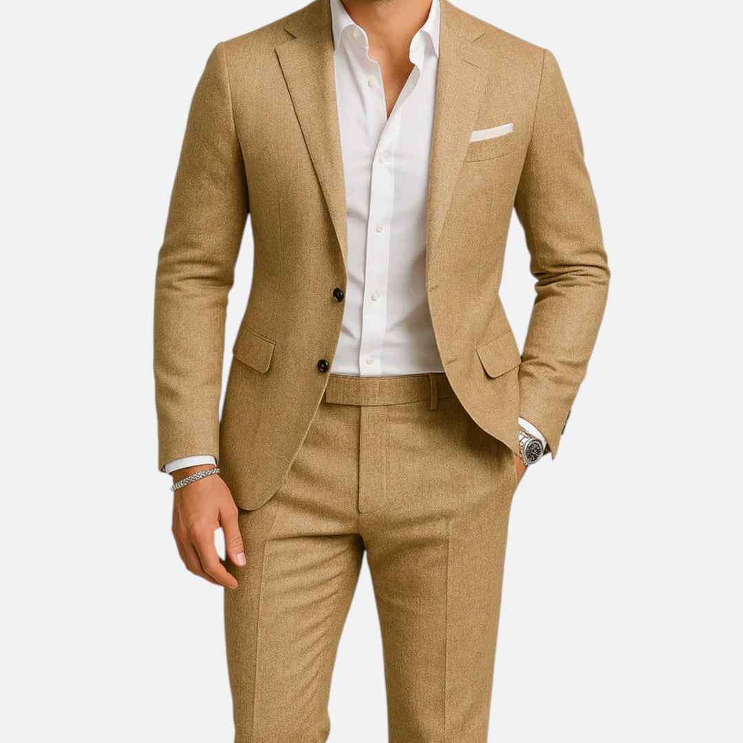 Men's classic linen two-piece suit in a light, breathable fabric for summer.