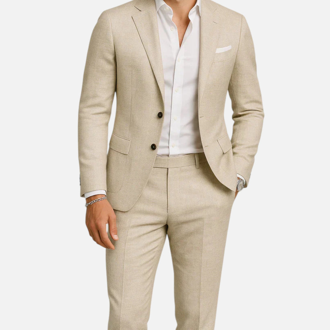 A man wearing a sharp, casual men's linen suit, ideal for sophisticated summer style.