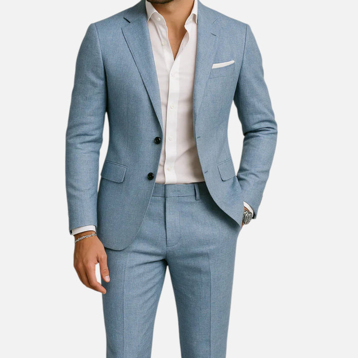 Close-up of a men's classic linen suit, showcasing the texture and lightweight feel.