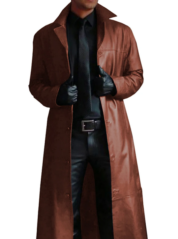 Men's classic long black leather coat - timeless elegance and stylish outerwear.