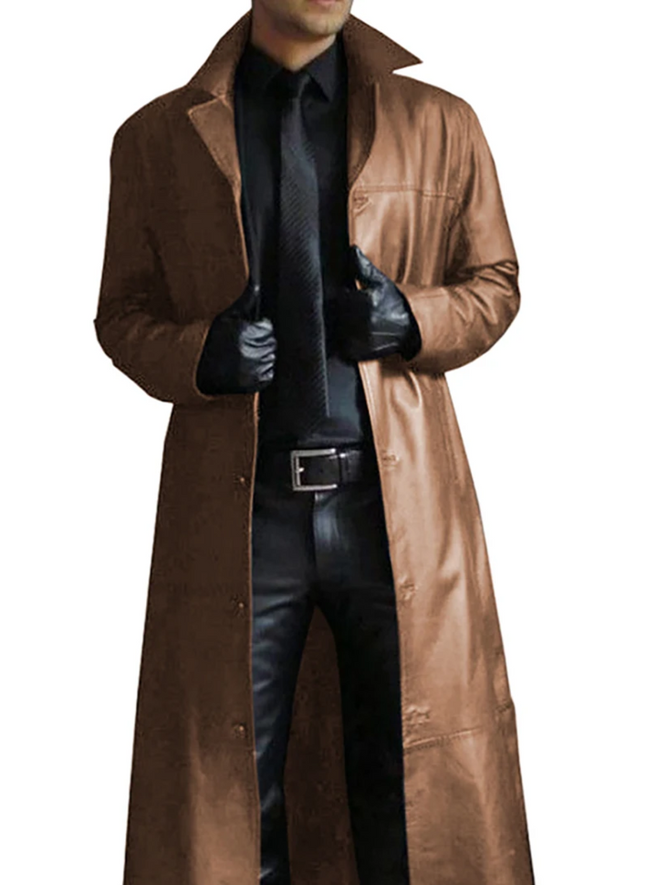 Premium quality men's long leather coat, crafted for durability and style.