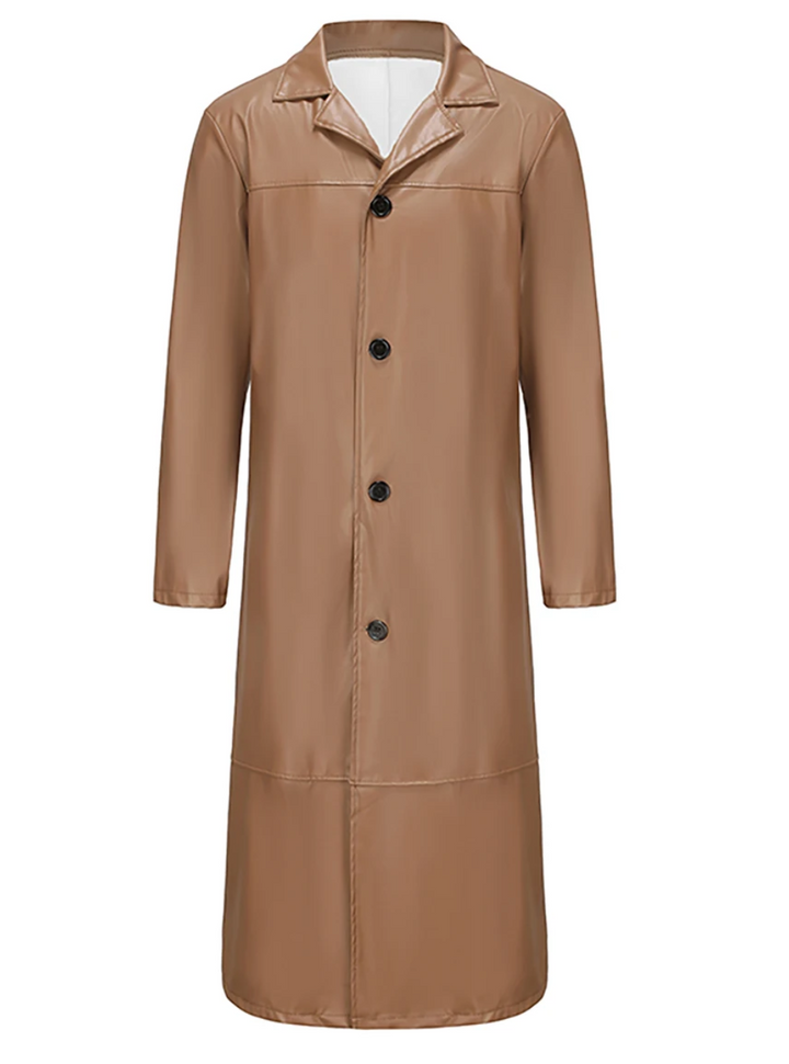 Wardrobe essential: men's classic long leather coat, perfect for any occasion.