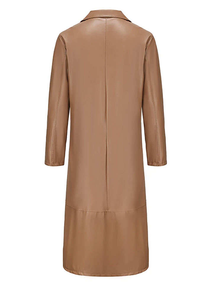 A man's fashionable fit in a men's long leather coat, embodying timeless elegance.
