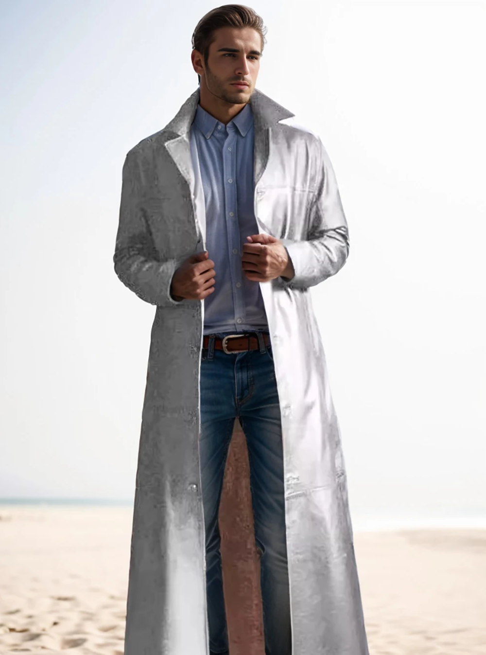 The luxurious feel of a men's elegant long leather coat.
