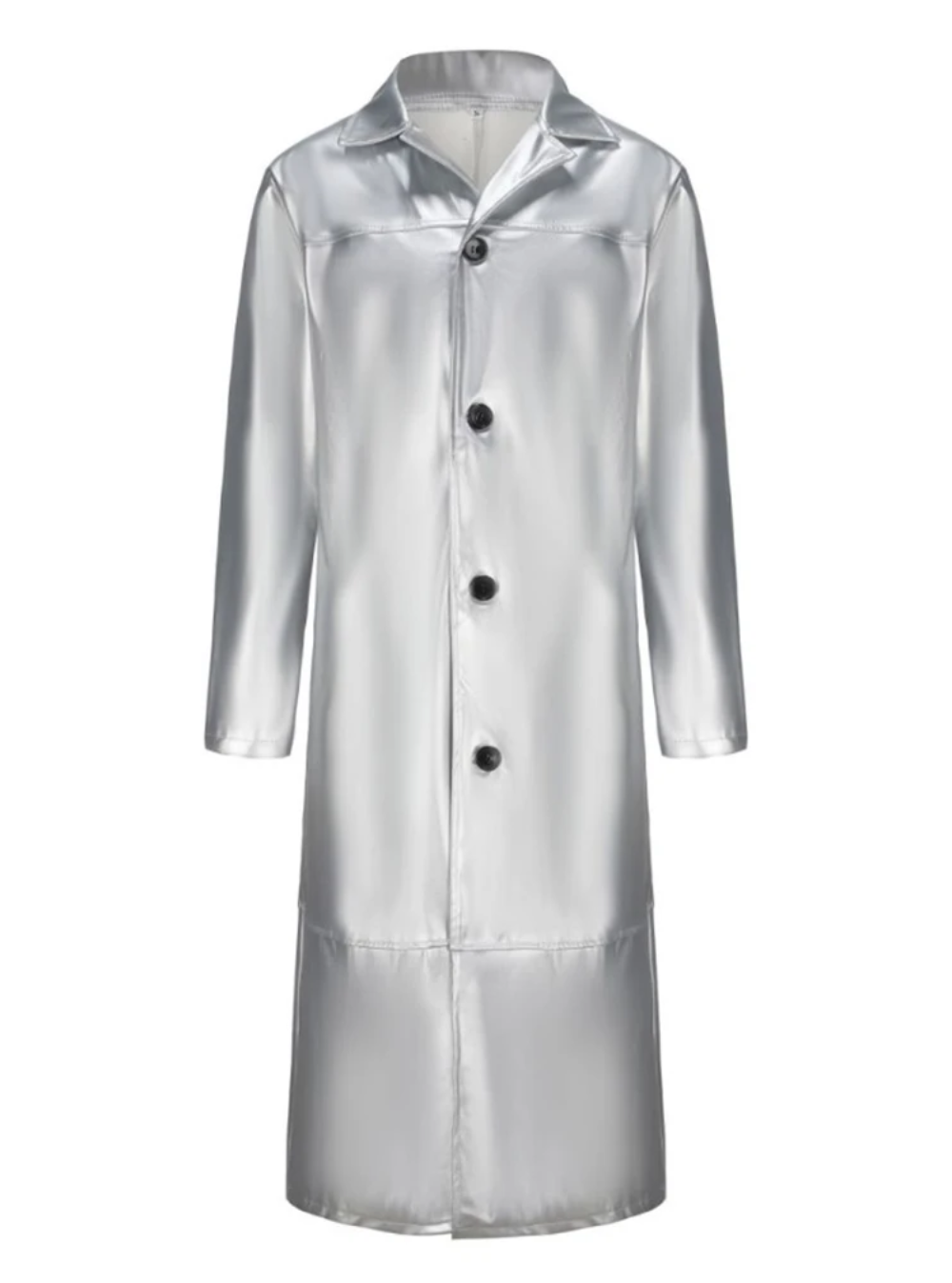 Men's long leather coat with functional pockets, enhancing its versatile wear.