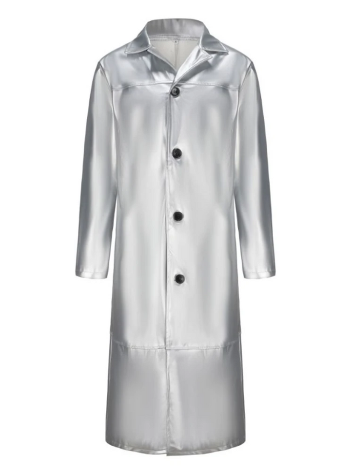 Men's long leather coat with functional pockets, enhancing its versatile wear.
