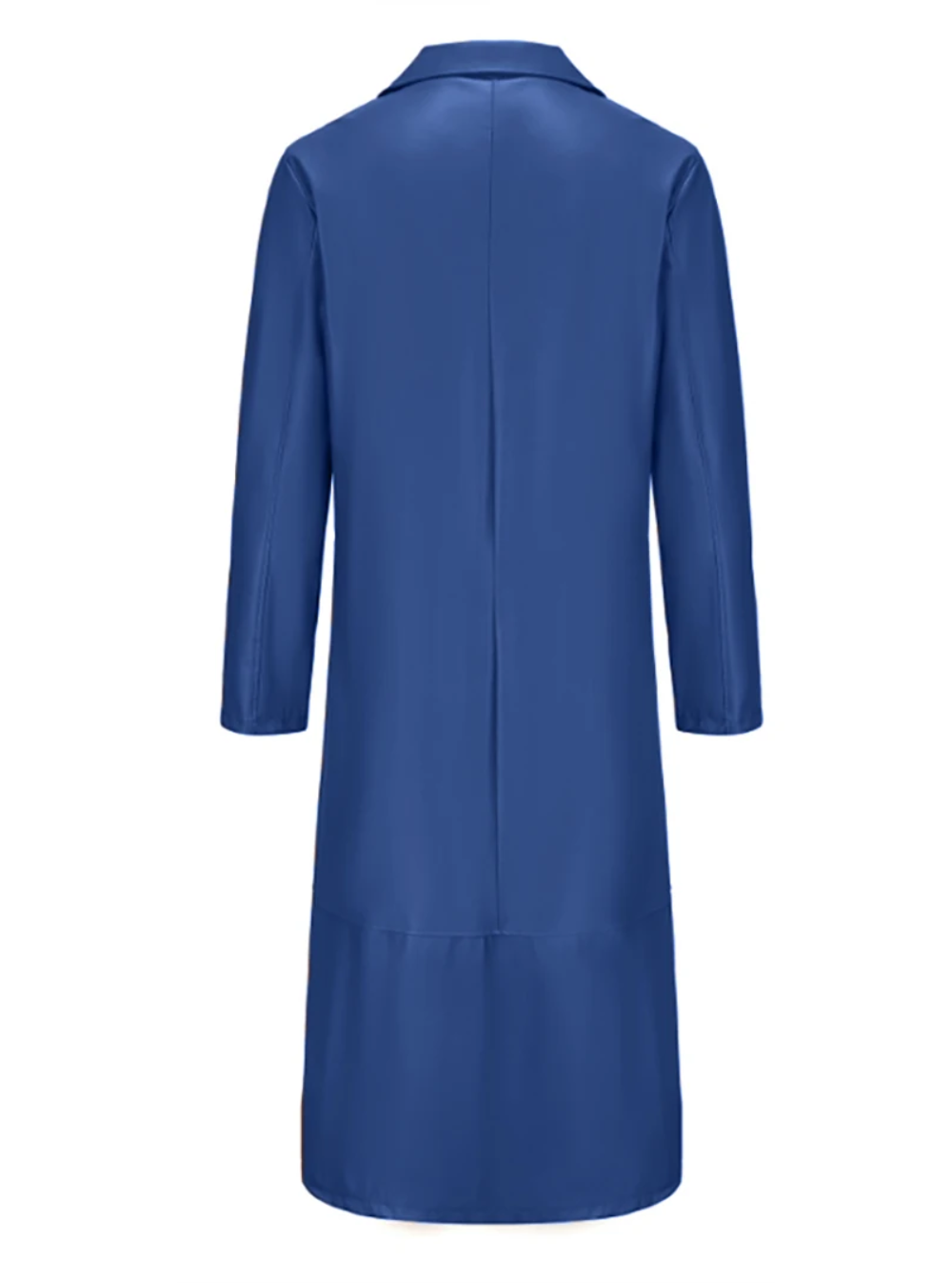 Showcasing the tailored cut of a men's fashionable long leather coat.