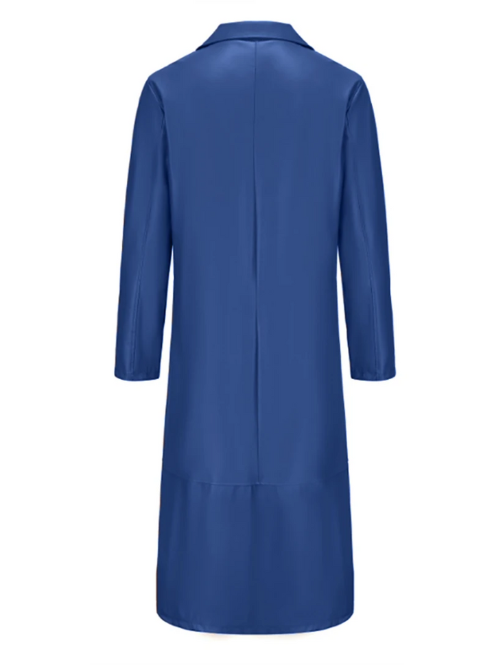Showcasing the tailored cut of a men's fashionable long leather coat.